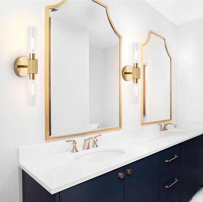 Gold Knurled Texture Wall Sconce Clear Glass Shade Modern Bathroom Vanity Light Fixtures 2-Lights Mid Century Wall Light for Mirror Living Room Hallway E26 T10 Bulbs(Excluded)