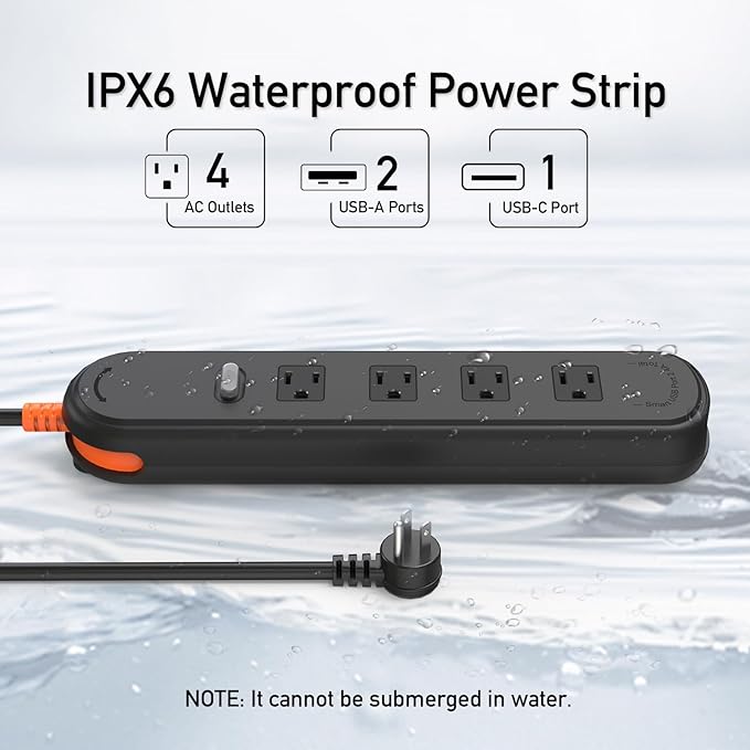 Outdoor Power Strip Weatherproof, KPQ IPX6 Waterproof Surge Protector with 4 Wide Outlets, 2 USB A&1 USB C, 6FT Heavy Duty Extension Cord for Home, Office, Dorm, Patio, FCC UL Listed