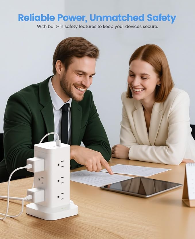 15-in-1 Power Strip Tower with Surge Protector 1800J, Fast Charging Tower PD20W USB-C Ports with 12 AC Outlets, 9.8ft Extension Cord for Home Office Dorm Room, White