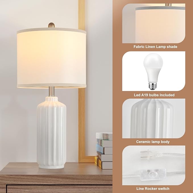 Lamp for Living Room Bedroom Lamps Farmhouse Table Lamps Set of 2 Vertical Stripe Ceramic Table Lamp,Linen Shade with Bulb, 25 in High, White