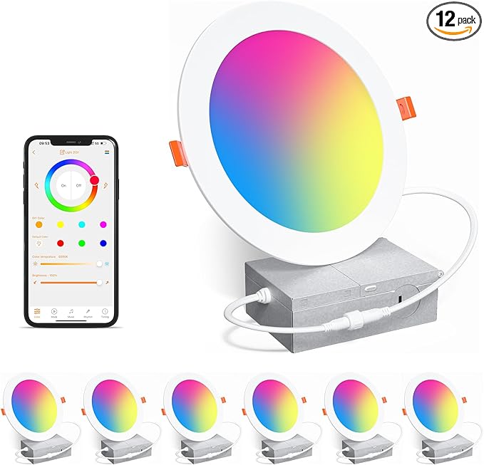 Smart Recessed Lighting 6 Inch RGBCW Color Changing 16W LED Downlight with Junction Box,1350 Lumen Recessed Ceiling Light Compatible with Alexa,Dimmable by Bluetooth Control -6Pack