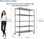 60"x24"x72" PRIME HEAVY DUTY Black 5-Tier Wire Shelving NSF 3000 LBS MAX Capacity Storage Rack for Commercial, School, Home, Garage, Warehouse, Industrial, and Hospital Uses (with Wheels)