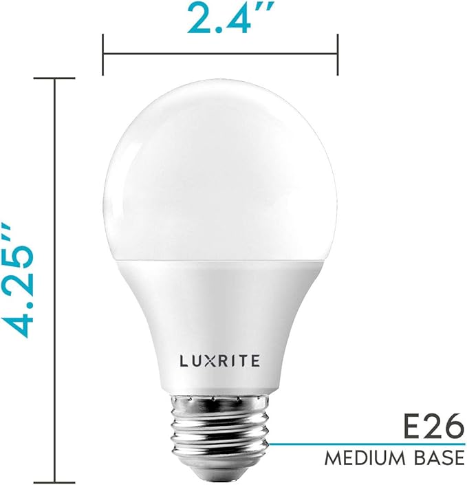 LUXRITE A19 LED Bulb 60W Equivalent, 5000K Bright White, 800 Lumens, Dimmable Standard LED Light Bulbs 9W, Enclosed Fixture Rated, Energy Star, E26 Medium Base - Indoor and Outdoor (16 Pack)