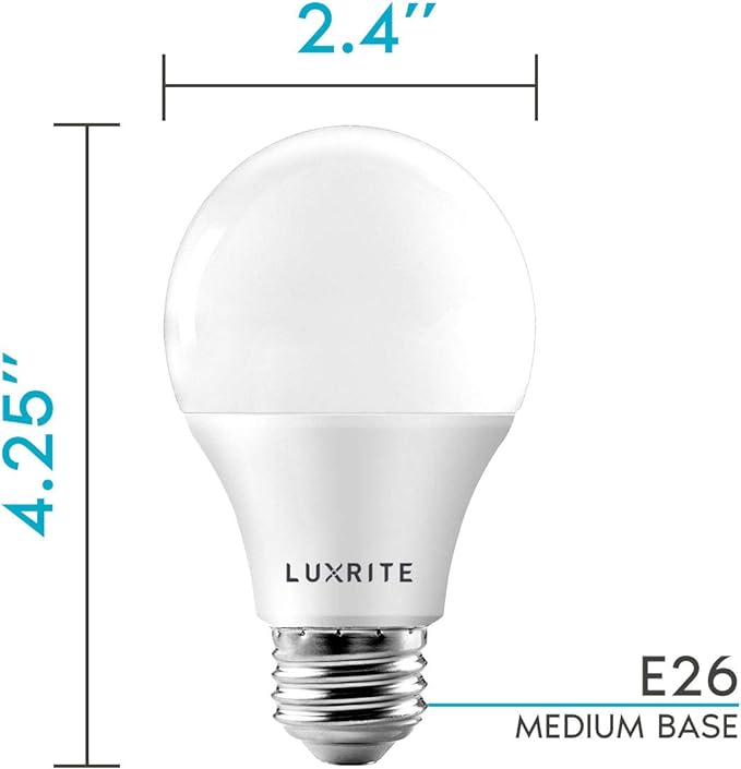 LUXRITE A19 LED Bulb 60W Equivalent, 2700K Warm White, 800 Lumens, Dimmable Standard LED Light Bulbs 9W, Enclosed Fixture Rated, Energy Star, E26 Medium Base - Indoor and Outdoor (16 Pack)