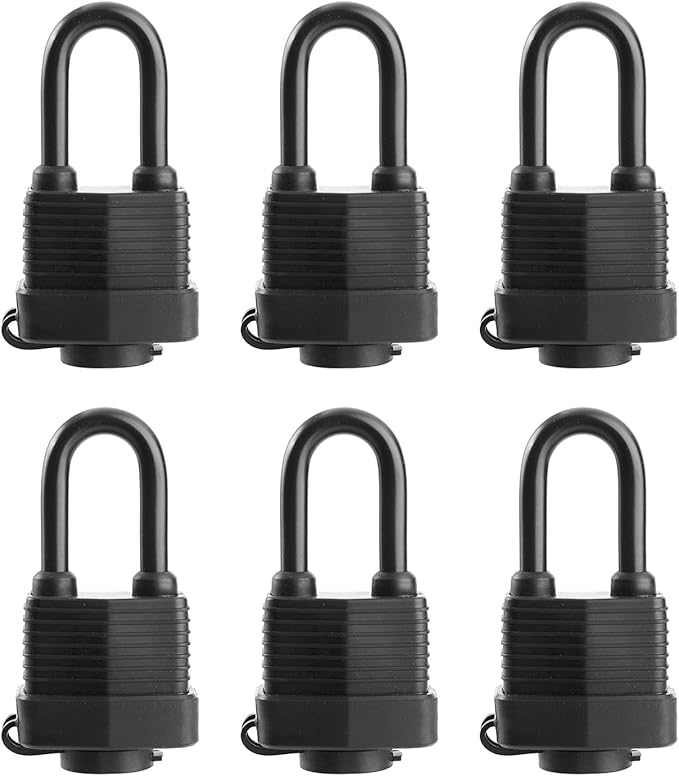 Waterproof Padlocks Keyed Alike for Outdoor use, Covered Heavy Duty Laminated Steel Lock, 1-9/16 Inch. Wide, Long Padlock, Pack of 6