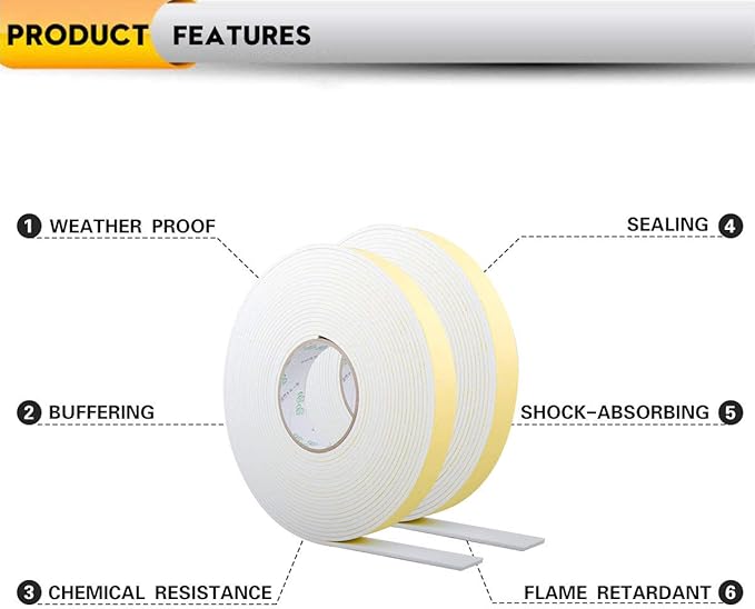 2-Pack Weather Stripping High Density Foam Seal Tape Foam Insulation Tape Adhesive for Windows Sliding Door, Pipes, Air Conditioning, Weather Strip, Waterproof, Craft Tape (White, 66Ft x 1/8” x 2.8”)