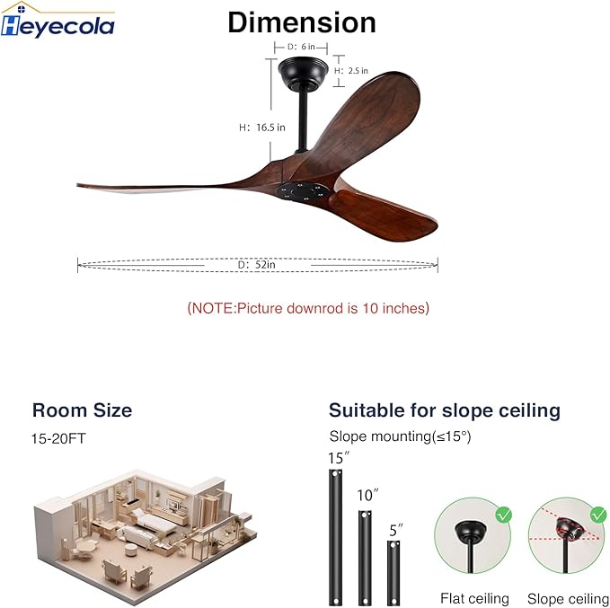 52" Walnut Wood Ceiling Fans,Outdoor Ceiling Fan without Light for Patios,3 Blade Small Propeller Fan Ceiling Mount for Outside Pergola,6 Speed Reversible Quiet DC Motor Fan for Bedroom