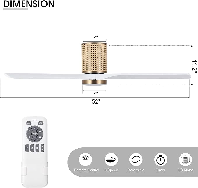 52" Ceiling Fan with Light - Low Profile Flush Mount Ceiling Fan, 6-Speed Remote Control, Solid Wood, Quiet Reversible DC Motor, White/Gold Finish, for Bedroom, Living Room, Porch