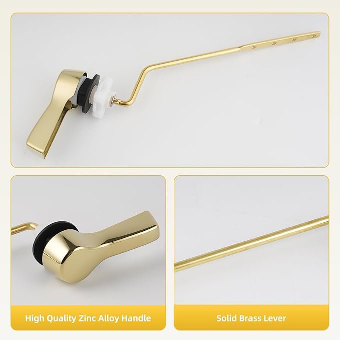 iFealClear Polished Gold Universal Side Mount Toilet Tank Flush Lever Replacement, Toilet Handle Replacement Kit with Stainless Steel Flapper Chain, Solid Brass Angle Mount Toilrt Trip Lever