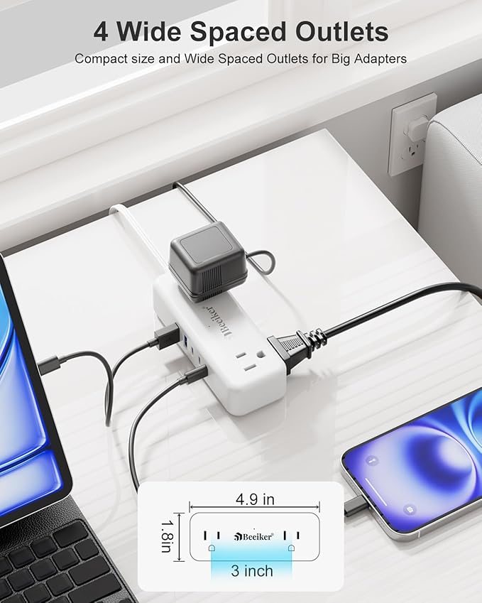 5 USB(3 USB C) Travel Power Strip- 5Ft Short Extension Cord with 5 USB Charging Station 24W/4.8A and 4 Wide Outlets, Compact Flat Plug Small Extension Cord for Travel Cruise College Dorm Office White