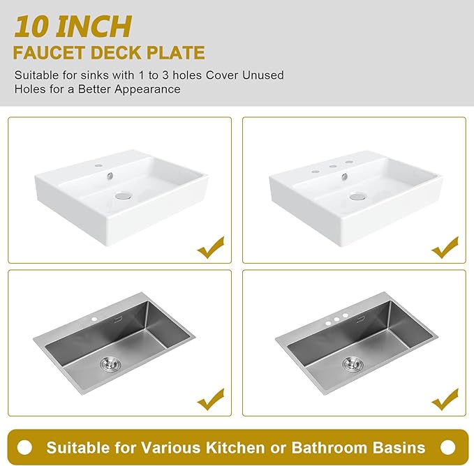 10 Inch Faucet Plate, Sink Hole Cover for 1 or 3 Hole Kitchen or Bathroom Faucets Long Rectangle Plate Escutcheon, Stainless Steel, Brushed Gold