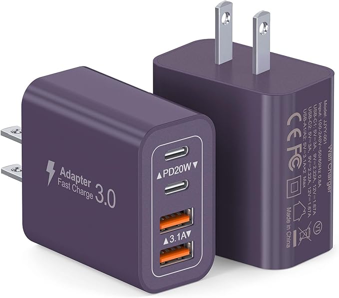 [2Pack] 40W USB C Plug,4-Port Fast Charger Block PD+QC 4 Port Charger Cube Wall Charging Box Brick for Samsung Galaxy S22/S21+/S21 Ultra,Magsafe Wireless Charger,iPhone 17/16/16 Pro Max/15/14(Purple)