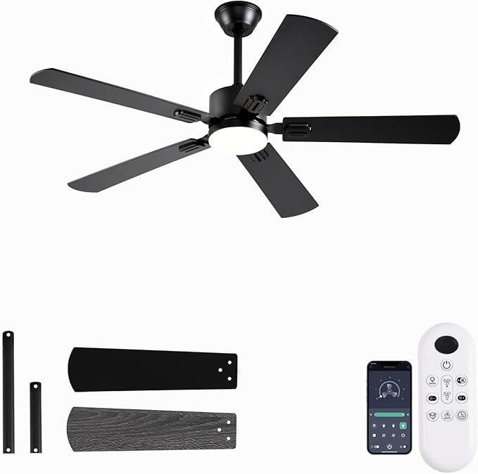 52 inch Modern Ceiling Fans with Lights APP/Remote Control, Low Profile Reversible 6 Speeds Ceiling Fan Light for Indoor/Outdoor Patio Bedroom Living Room,Black