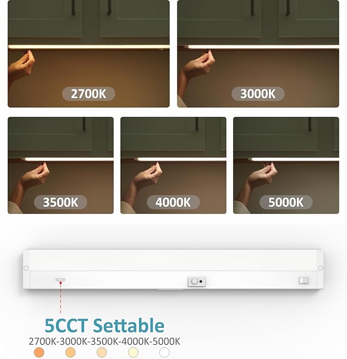 Under Cabinet Lighting Motion Sensor Hardwired, 24 Inch 12W Dimmable, 5 CCT 2700/3000/3500/4000/5000K, Eyes Care Design Linkable Under Counter Lights for Kitchen, Sink, ETL Listed, White