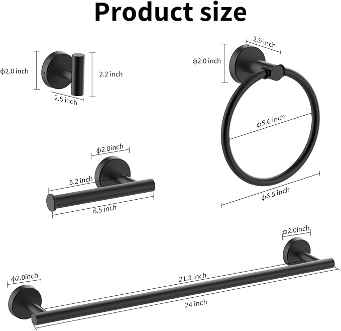 Cilee 8 Piece Matte Black Bathroom Hardware Set, 24inch Bathroom Towel bar+Towel Ring+Toilet Paper Holder+ Robe Towel Hook, SUS304 Stainless Steel Bathroom Accessory Set