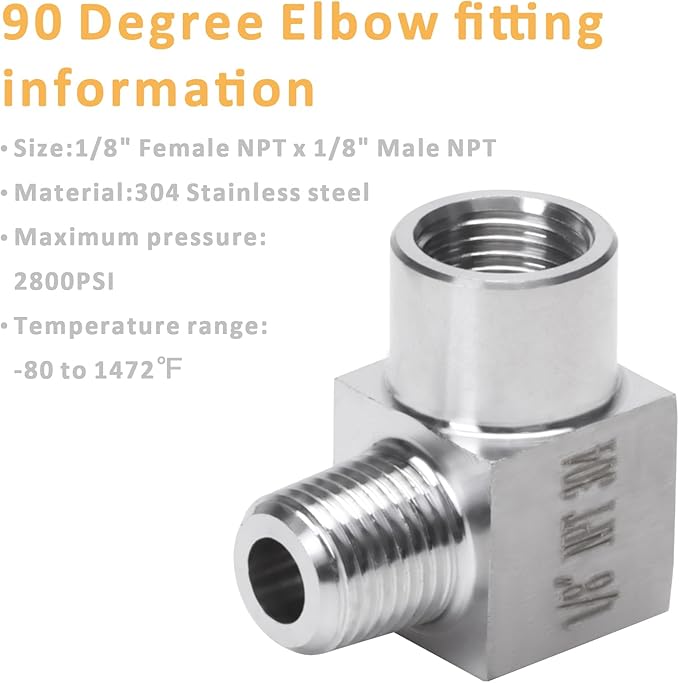 90 Degree Street Elbow - 1/8" NPT Male to 1/8" NPT Female Stainless Steel 304 Heavy Duty Forged Square Barstock Street Elbow Adapter Pipe Fitting (pack of 2)