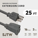 25ft Outdoor Extension Cord for Christmas Decorations - 16/3 Heavy Duty SJTW Waterproof Gray Electrical Cable with 3 Prong Grounded Plug for Safety, Great for Lawn and Major Appliances