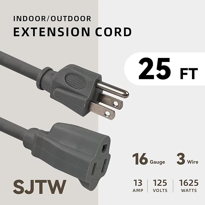 25ft Outdoor Extension Cord for Christmas Decorations - 16/3 Heavy Duty SJTW Waterproof Gray Electrical Cable with 3 Prong Grounded Plug for Safety, Great for Lawn and Major Appliances
