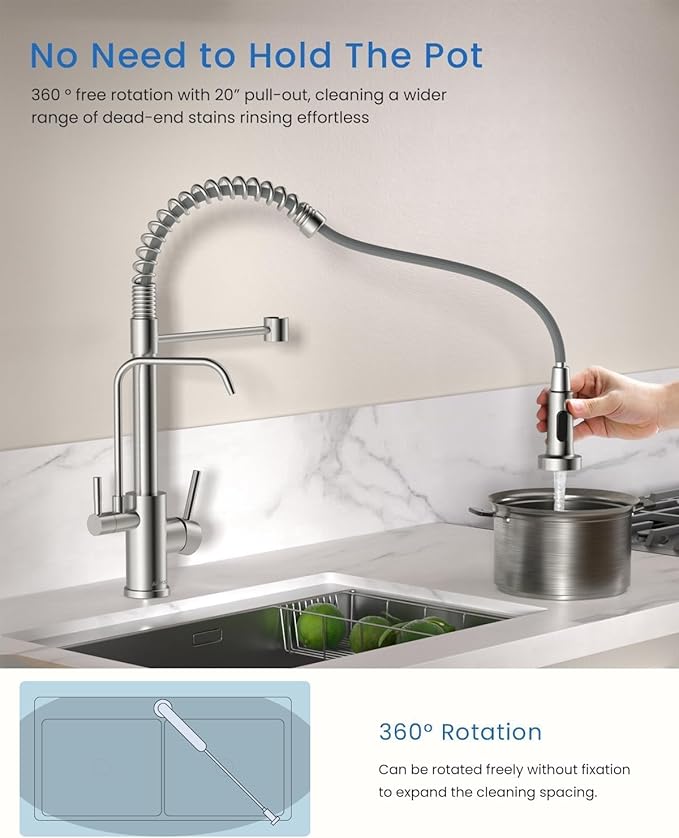APPASO Kitchen Faucet with Drinking Water Faucet, 3 in 1 Pull Down Faucet with Purfied Water Faucet, 20 Inches High Arc Kitchen Water Filter Faucet, Brushed Nickel (Without Filtration Device)