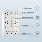 2 Pack 5 FT Flat Plug Surge Protector Power Strip,11 Multiple AC Outlets with 6 USB Ports (2 USB C), 5 Feet Extension Cord, 1250W/10A, One Touch Switch Button, 17 in 1 Compact powerstrip