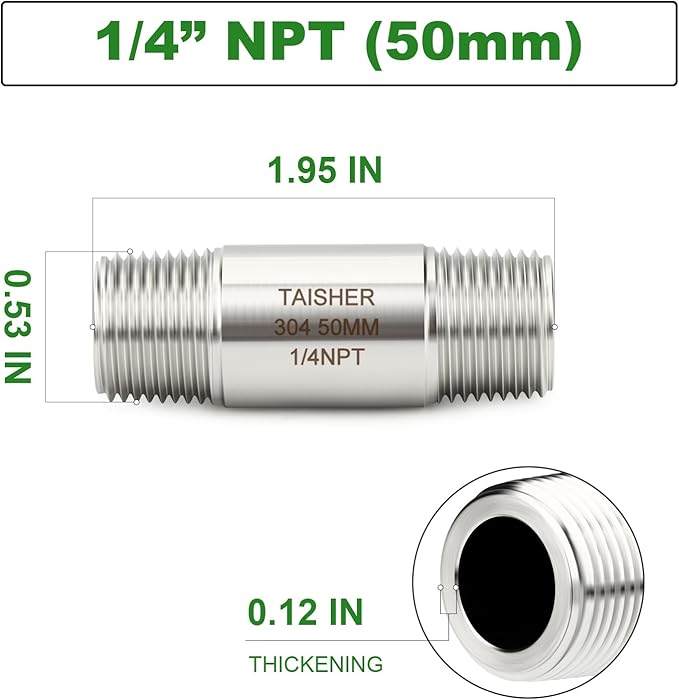 TAISHER 2PCS Stainless Steel Pipe Fittings, 1/4" NPT Male x 1/4" NPT Male Threaded, 2" Length Thickened Nipple Cast Pipe