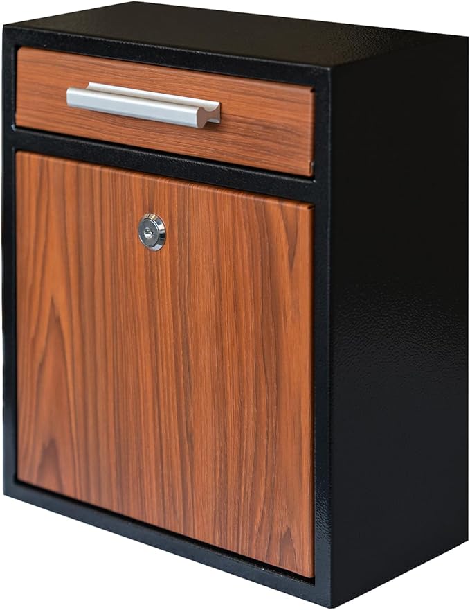 Locking Wall-Mount Mailbox, Wood Vintage Metal Mailboxes for Outside, Security Drop Box with Lock, Large Capacity Mounted Mailbox, Heavy Duty Thickened Mailbox