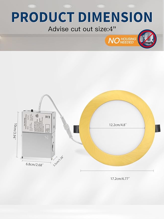 6-inch LED Recessed Lights - Slim Recessed Ceiling Light with Junction Box, 12W 5CCT Canless Lighting Fixture, Dimmable, Easy Install for Bedroom, Kitchen, Living Room, 12 Pack, Shiny Gold