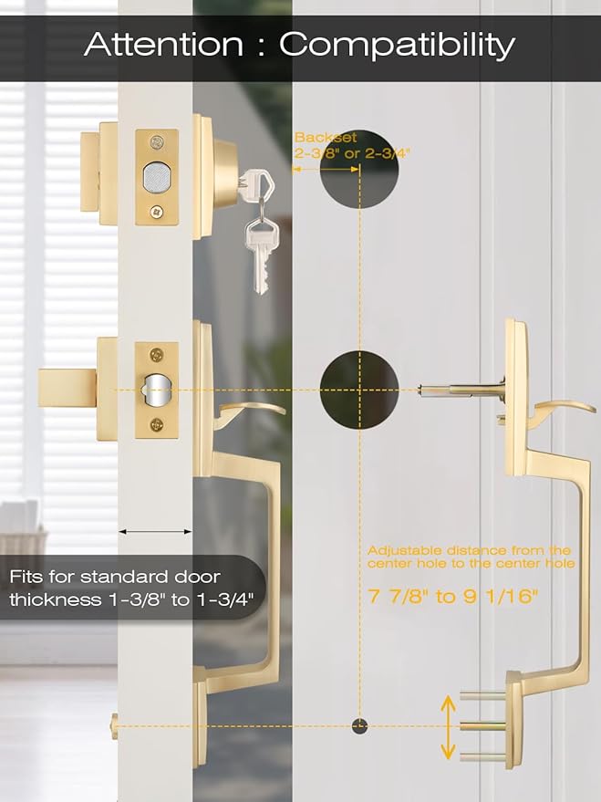 1 Set Entry Door Handle and Single Cylinder Deadbolt Lock and Key, Brass Front Door Lock - Heavy Duty Square Locking Lever Set - Exterior Door Handle in Satin Brass Finish