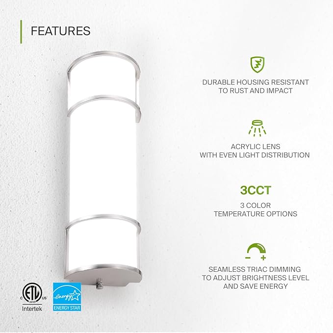 ASD LED 18" Vanity Flush Mount Light Fixture, Linear Bathroom Lighting Bar | 3CCT, Dimmable, Energy Star, ETL Listed | 20W 1650LM 3000-5000K 120V | Long Bath Wall Sconce Over Mirror | Nickel, 2 Pack