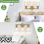 3-Light Gold Bathroom Light Fixtures, Modern Bathroom Vanity Light with Clear Glass Shade, Brushed Gold Bath Wall Mount Lights, Wall Lamp for Mirror Kitchen Bedroom Hallway Living Room Hallway