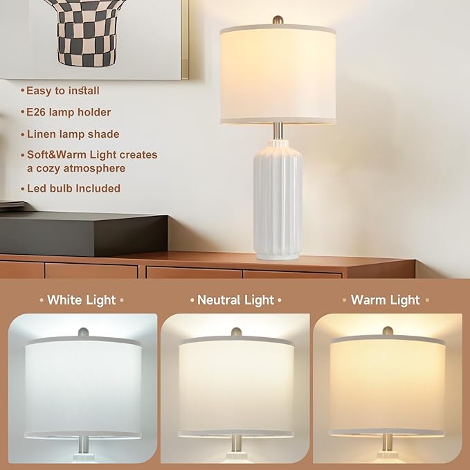 Lamp for Living Room Bedroom Lamps Farmhouse Table Lamps Set of 2 Vertical Stripe Ceramic Table Lamp,Linen Shade with Bulb, 25 in High, White