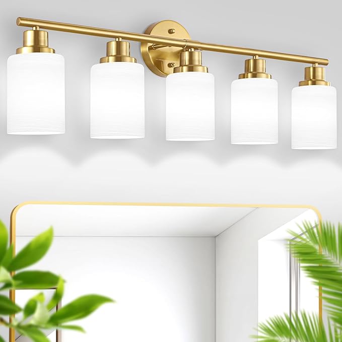 5-Light Vanity Lights, Brushed Gold Bathroom Light Fixture with Striped Textured Milky White Glass Shade, E26 Modern Vanity Lighting Fixture for Bathroom Wall Sconce Light Over Mirror