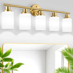 5-Light Vanity Lights, Brushed Gold Bathroom Light Fixture with Striped Textured Milky White Glass Shade, E26 Modern Vanity Lighting Fixture for Bathroom Wall Sconce Light Over Mirror