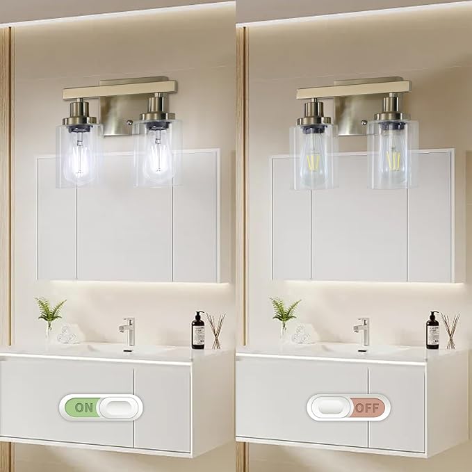 Bathroom Vanity Light, 2-Light Nickel Modern Matte Wall Sconce Lighting with Clear Glass Shade, Wall Lights,Bath Vintage Wall Mounted Lamps for Mirror Bedroom Living Room