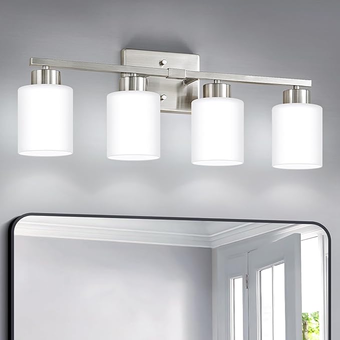 Brushed Nickel Bathroom Light Fixtures, 4-Light Modern Vanity Light Over Mirror, Wall Sconces with Milky White Frosted Glass Shades, E26 Socket (Bulbs Not Included)
