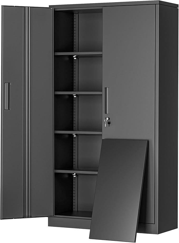 Greenvelly Metal Garage Storage Cabinet, 72” Locking Black Tool Steel Cabinet with Doors and 4 Shelves, Tall Metal Cabinets with Garage Storage Systems for Home Office, Kitchen/Pantry