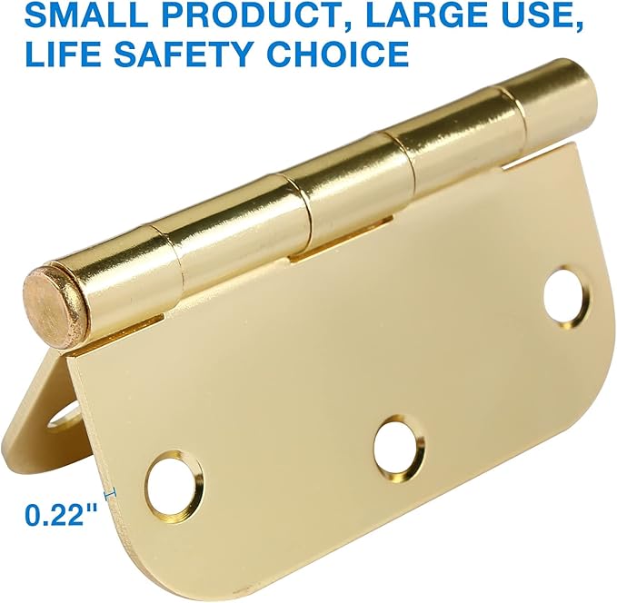 6 Pack Rounded Door Hinges 3.5 inch X 3-1/2" 5/8 Radius, Polished Brass 3 ½ Inch Gold Interior Standard Hinge for Bedroom Wood/French Style Clear Glass Doors Easy Install Hardware Decor Accessories