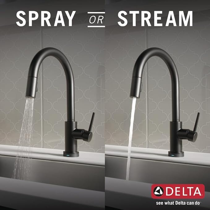 Delta Trinsic Matte Black Touch Kitchen Faucet with Pull Down Sprayer, Modern Single Hole Touch On Kitchen Sink Faucet, Single Handle, Matte Black 9159T-BL-DST