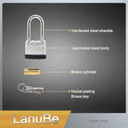 LanuBe Lock Laminated keyed Padlock (1-9/16", 40mm), keyed Alike Locks, Long Shackle,Marked Black Plastic Hoop, Pack of 12
