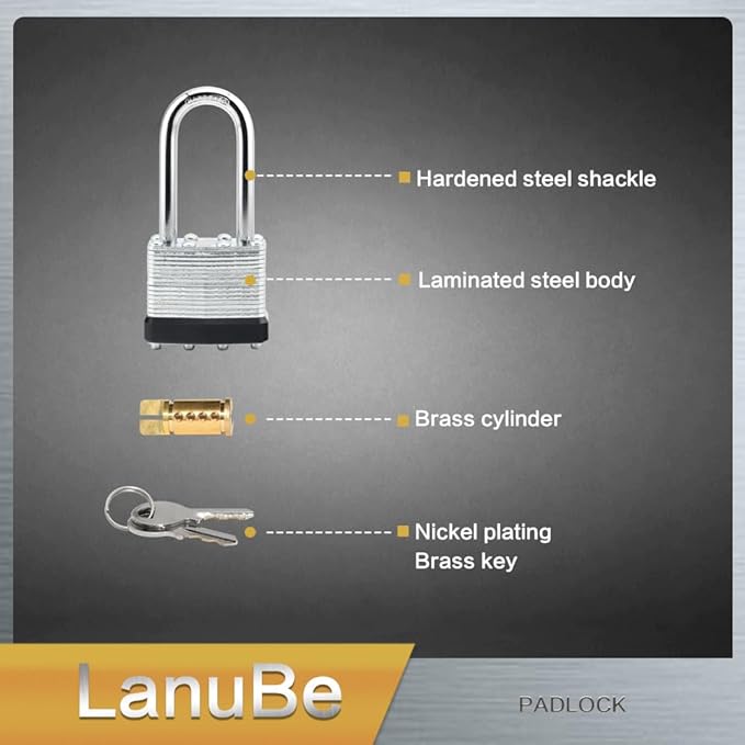 LanuBe Lock Laminated keyed Padlock (1-9/16", 40mm), keyed Alike Locks, Long Shackle,Marked Black Plastic Hoop, Pack of 24