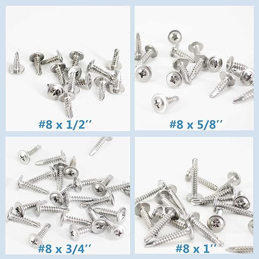 QSJ 120PCS #8 x 5/8'' Sheet Metal Screws 410 Stainless Steel Truss Head Fast Self Tapping Screws with Screwdriver Bit Silver