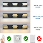 Bathroom Vanity Light Fixtures 3 Lights Dimmable LED Wall Sconce with Matte Black Finish Gold Metal Lampshade White Light 3000K-6000K,3 Color