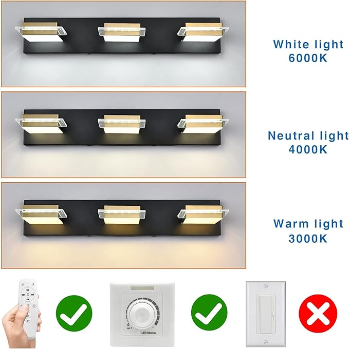 Bathroom Vanity Light Fixtures 3 Lights Dimmable LED Wall Sconce with Matte Black Finish Gold Metal Lampshade White Light 3000K-6000K,3 Color