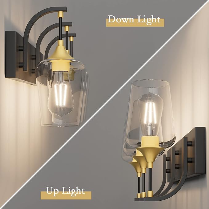 Ralbay Black/Gold Vanity Light Fixtures 3-Lights Industrial Black/Gold Bathroom Vanity Light with Clear Glass Vintage Edison Bathroom Wall Lighting Fixtures