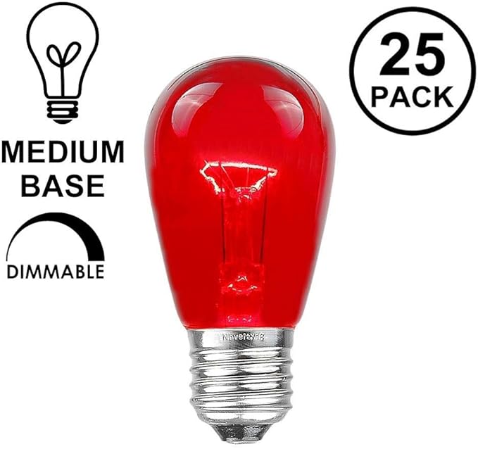 Novelty Lights 25 Pack S14 Outdoor Patio Edison Replacement Bulbs, E27 Medium Base, Red, 11 Watt