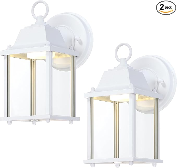 LIT-PaTH Outdoor LED Wall Lantern, Wall Sconce as Porch Light, 9.5W 800 Lumen, Aluminum Housing Plus Glass, 3000k-Matte White Finish, 2-Pack