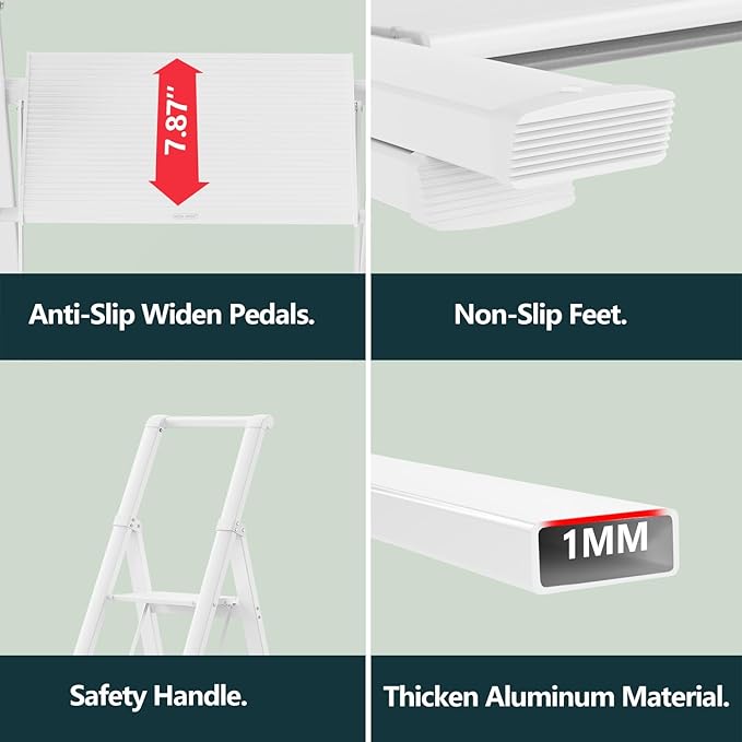 WOA WOA 6 Step Ladder, Lightweight Folding ladders with Wide Pedals, Slim Stepladder for Narrow Spaces, Tall Ladder for High Ceilings with Handrails, Kitchen Aluminum Ladder 300lbs - White