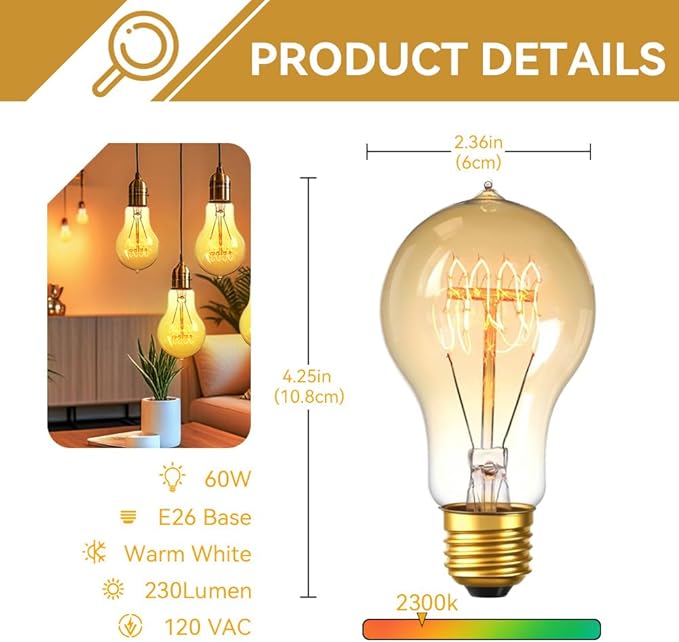 Jslinter Incandescent Light Bulbs 60 Watt Dimmable Bulbs 4 Pack, 2200K A19 Soft Light Bulbs Warm Light, 110v E26 Eecorative Light Bulb, Vintage 230LM Edison Bulb for Bedrooms, Living Rooms