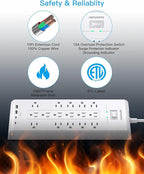 16 Outlets Surge Protector Power Strip, HANYCONY 5 Ft Flat Plug Heavy Duty Extension Cord with 16 Outlets 4 USB Ports(2 USB C), 2700 Joules, Wall Mount for Home Office, ETL Listed, White