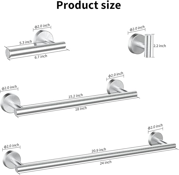 Newfun 10Pcs Brushed Nickel Bathroom Hardware Set - Includes 24&18inch Towel Bar, Robe Hook, Toilet Paper Holder, 2 Pack 5 Piece Bathroom Accessories Set Stainless Steel Wall Mounted